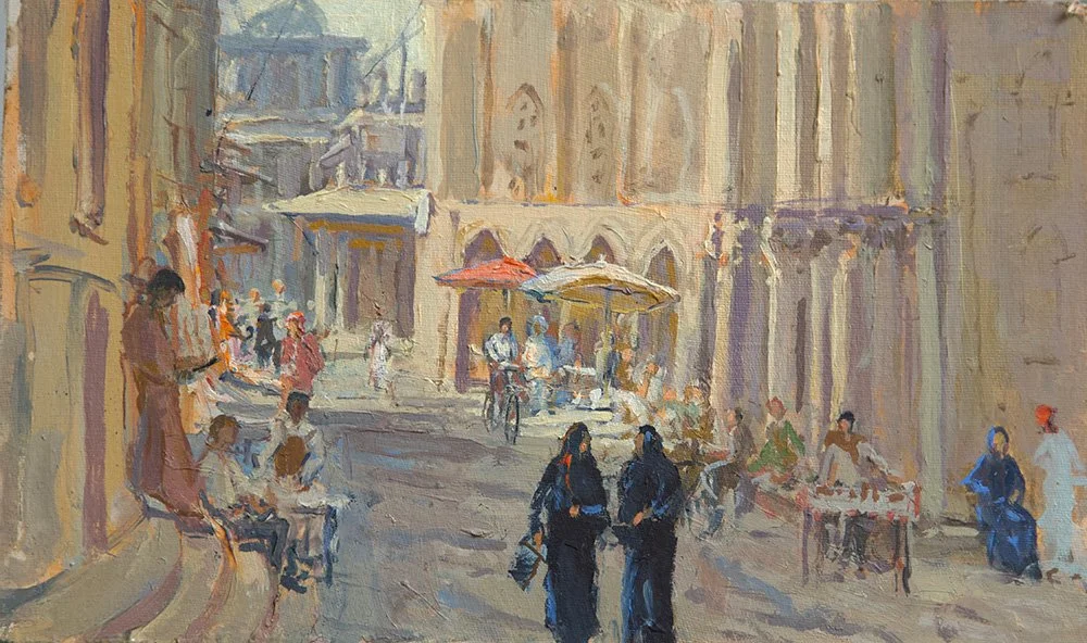Impressionist painting of a bustling city street scene with people walking, sitting, and cycling near historic buildings with arched windows and balconies.