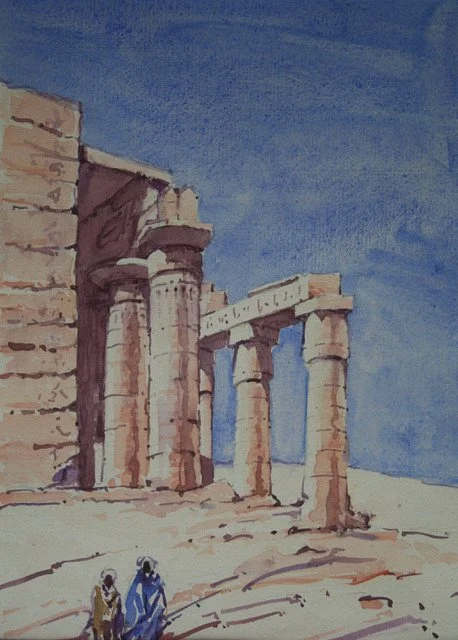Watercolour painting of ancient ruins with tall stone columns and a large stone wall, under a blue sky with no clouds.