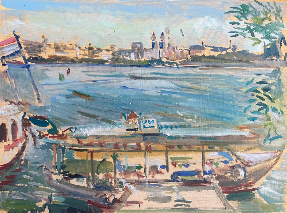 A colorful impressionist painting of a boat docked by the river with a city skyline in the background and trees on the right.