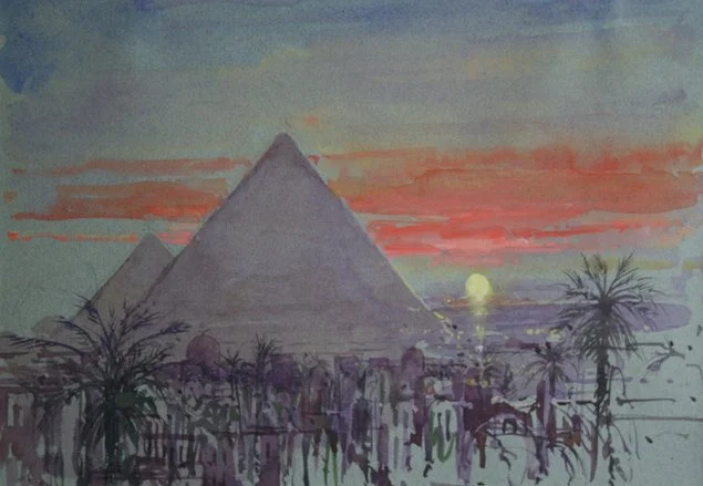 Geoffrey Leckie - Sunset, The Pyramids - Watercolour - 25cm x 35cm - £1200
