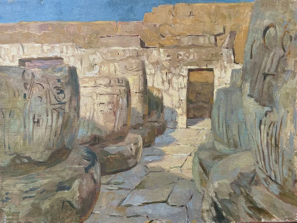 Alice Boggis-Rolfe - Column Bases, Medinet Habu - Oil on canvas - 12in x 16in - £1850