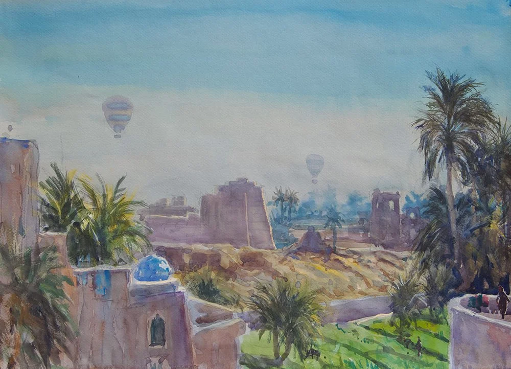 Tim Scott Bolton - Medinet Habu Balloons - Watercolour - 35cm x 50cm - £850