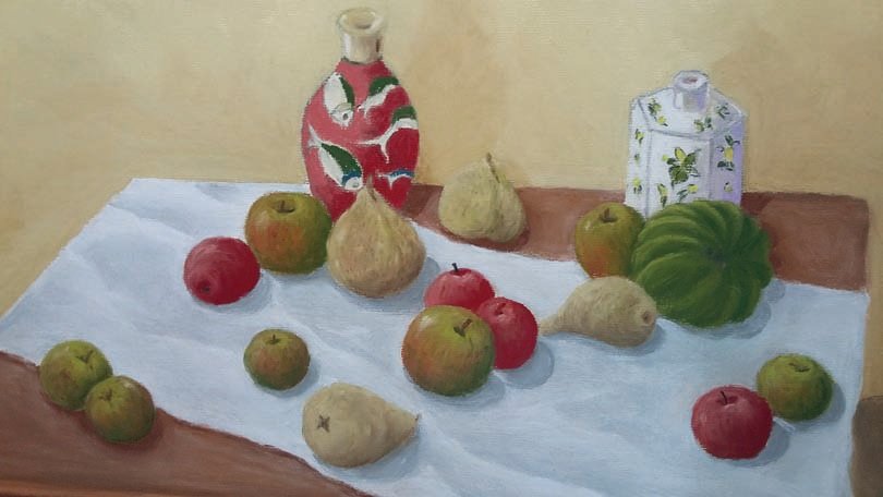 A still life painting of apples, pears, and fruit jars on a wooden table with a white cloth, in an indoor setting.