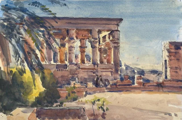Watercolour painting of a historic building with columns, surrounded by trees and a clear sky.