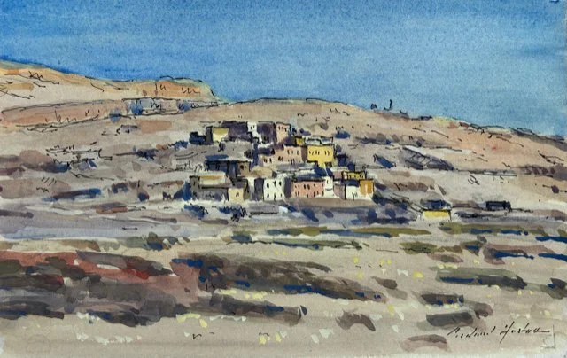 Watercolour painting of a hillside village with multiple small buildings, framed by a blue sky.