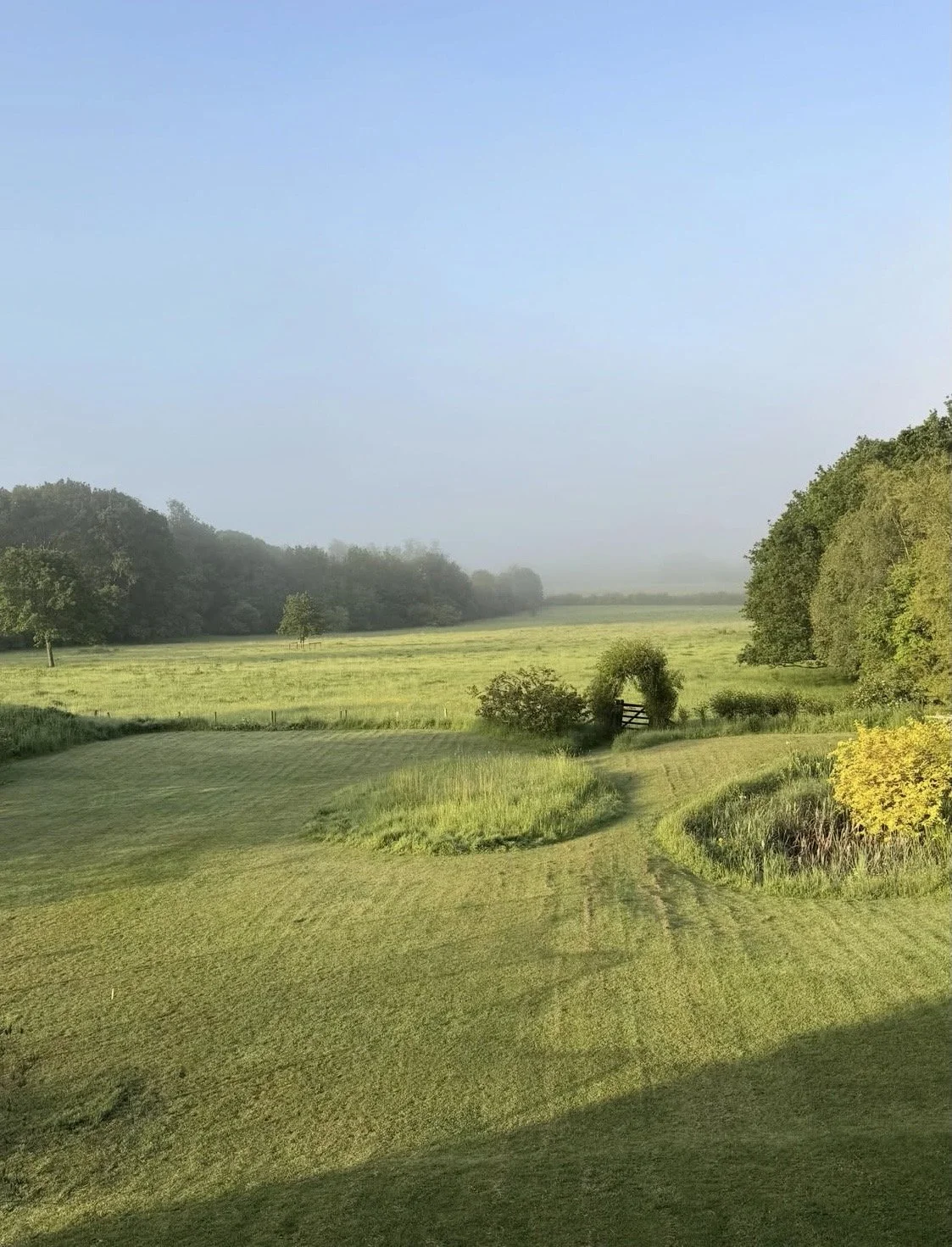 A peaceful landscape with green fields, trees, and a dirt path. Fog is visible in the distance under a blue sky, with sunlight casting shadows on the grass.