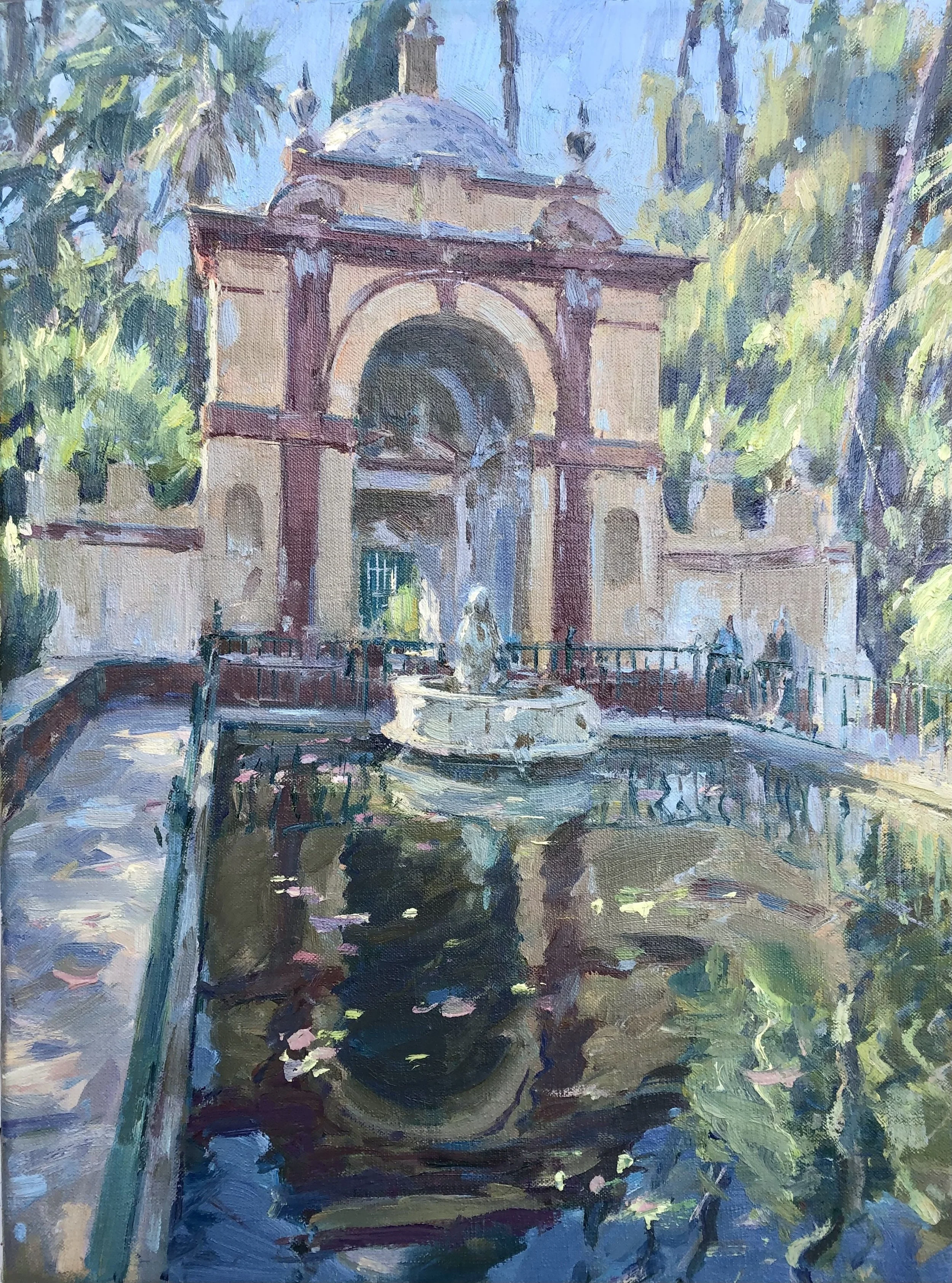 Painting of a gazebo with a water fountain in front, surrounded by green trees and shrubs, with a sunny sky in the background.