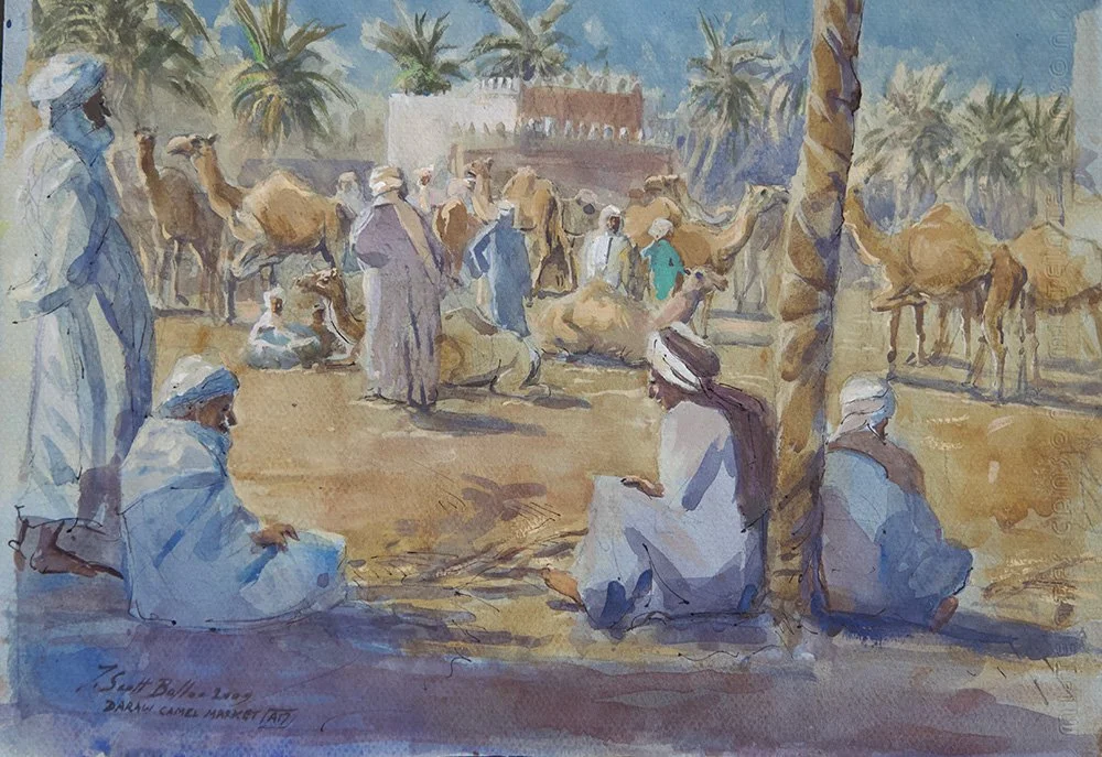 Tim Scott Bolton - Daraw Camel Market - Watercolour - 27cm x 38cm - £450