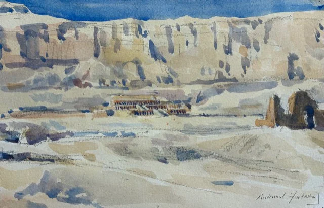 A watercolor painting of a desert landscape with a large cliff or mesa in the background, a flat sandy foreground, and some small buildings or structures near the middle ground.