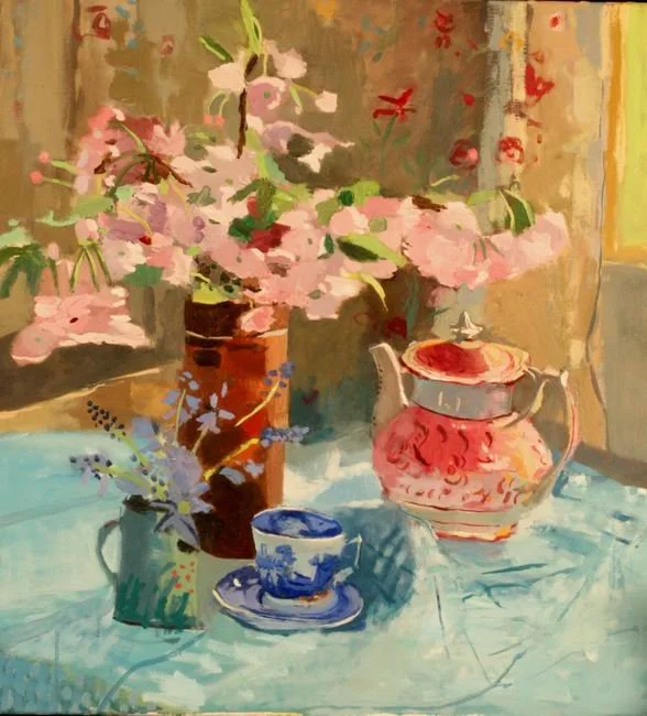 A still life watercolor painting of a floral arrangement in pink and purple in a tall brown vase, a small green vase with purple flowers, a blue and white teacup with a saucer, and a pink and gold teapot on a light blue tablecloth, with a window in the background.