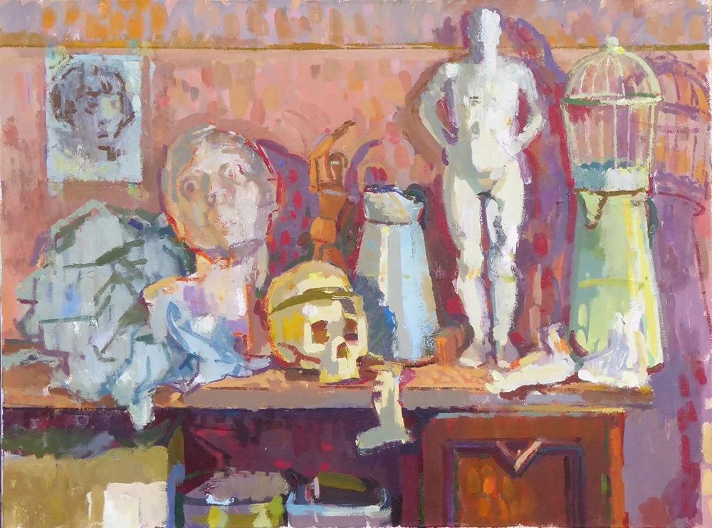 An oil painting of a still life featuring a human skull, a sculpture of a head, a mannequin, a birdcage, and various vases and objects on a table, with a portrait on the wall in the background.