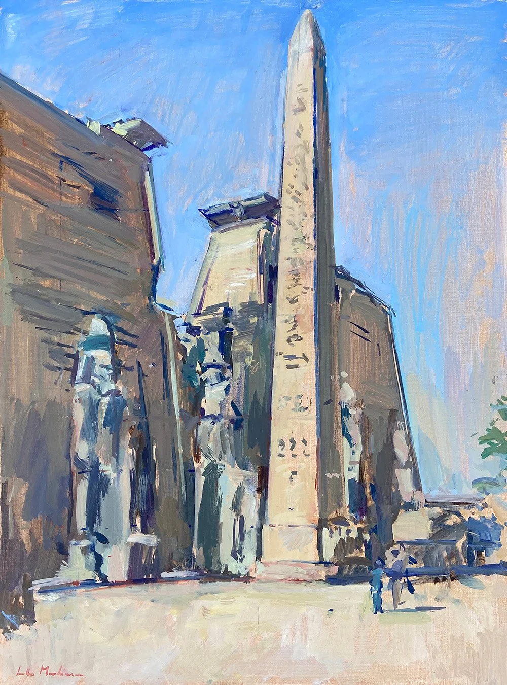 A painting of an ancient Egyptian obelisk surrounded by historic stone buildings and a clear blue sky, with a few small figures at the bottom.