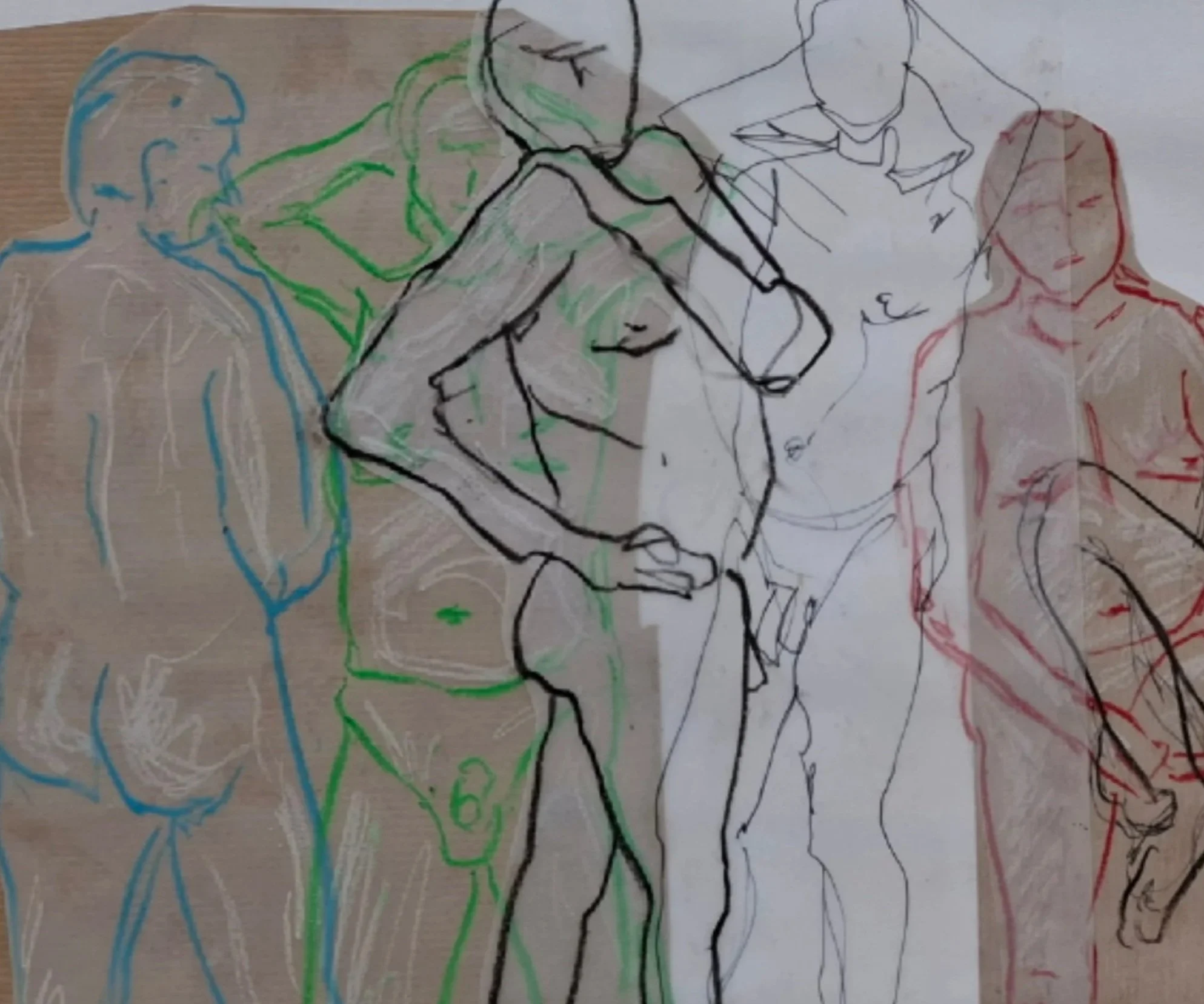 Multiple hand-drawn sketches of human figures in different colors, some outline-only and some partially filled in, on paper with a wooden surface background.
