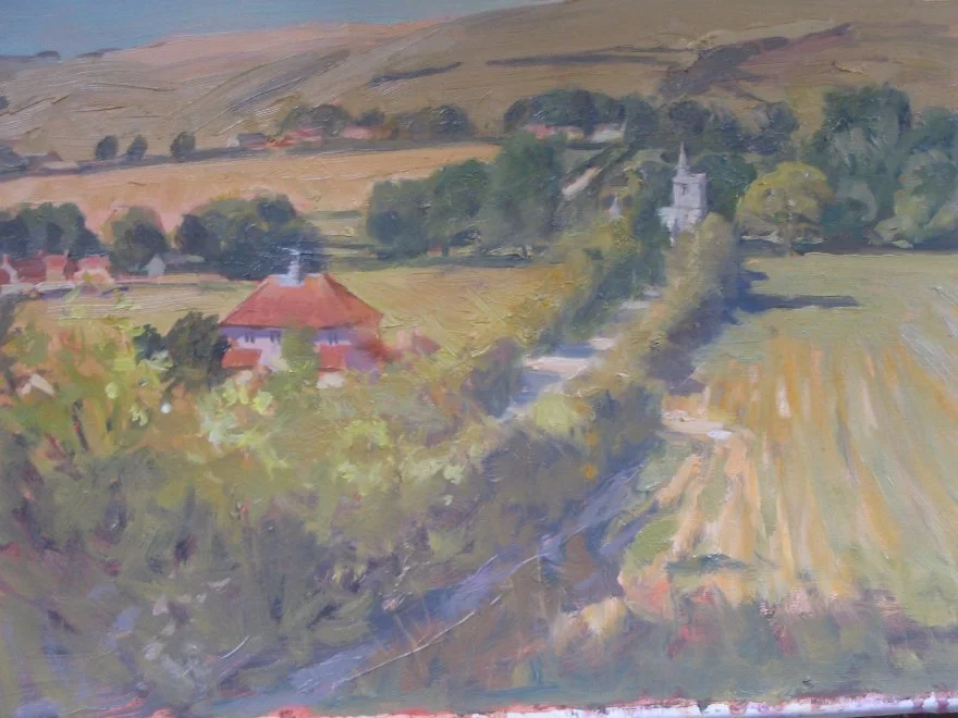 A landscape painting depicting rolling hills, houses with red roofs, trees, and a village church steeple in the distance.