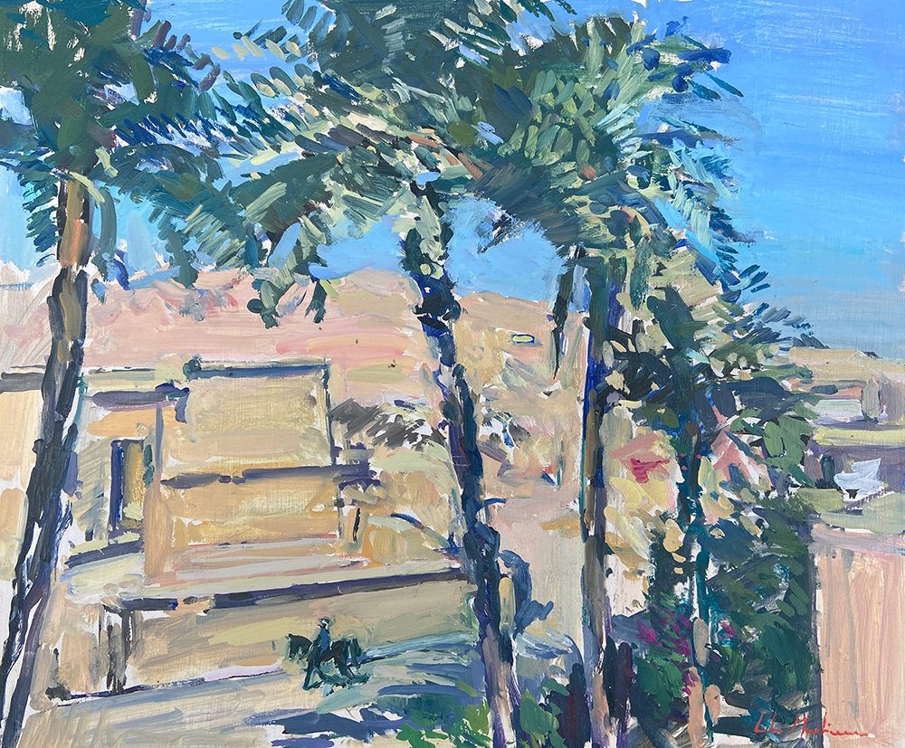 Impressionistic painting of a sunny scene with trees and a building in the background.