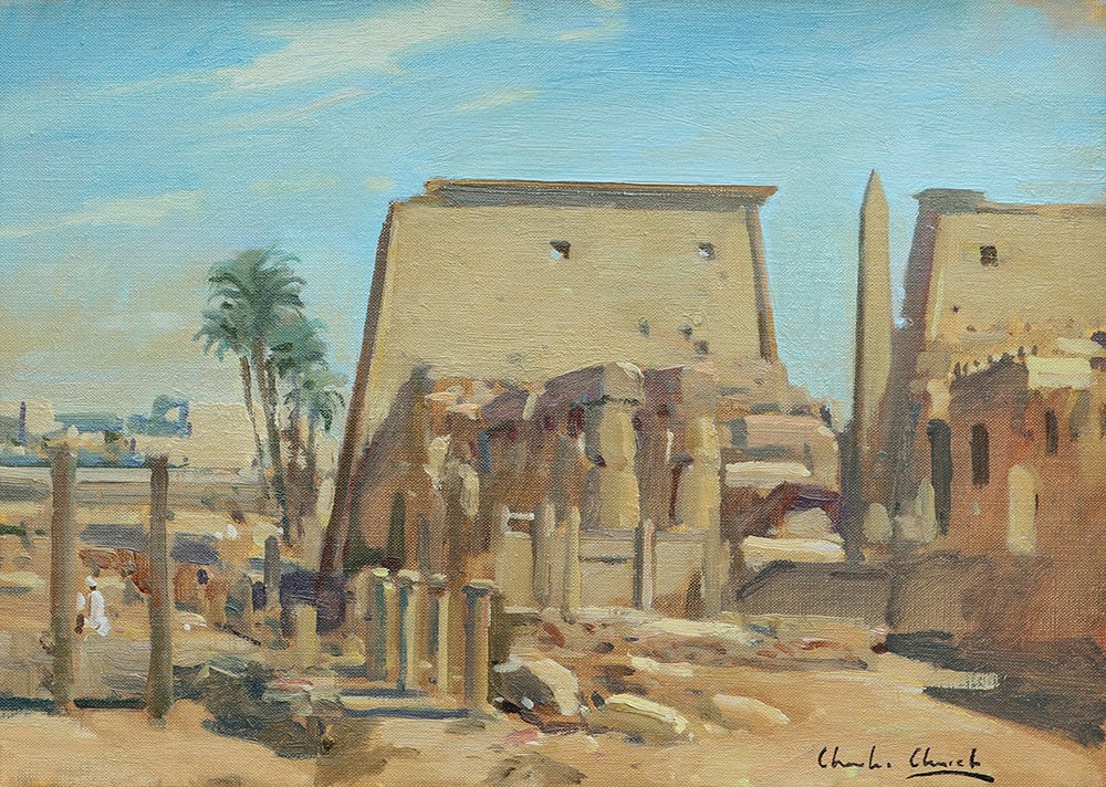 Painting of ancient ruins with large stone structures and columns, a few palm trees, and a partly cloudy sky in the background.