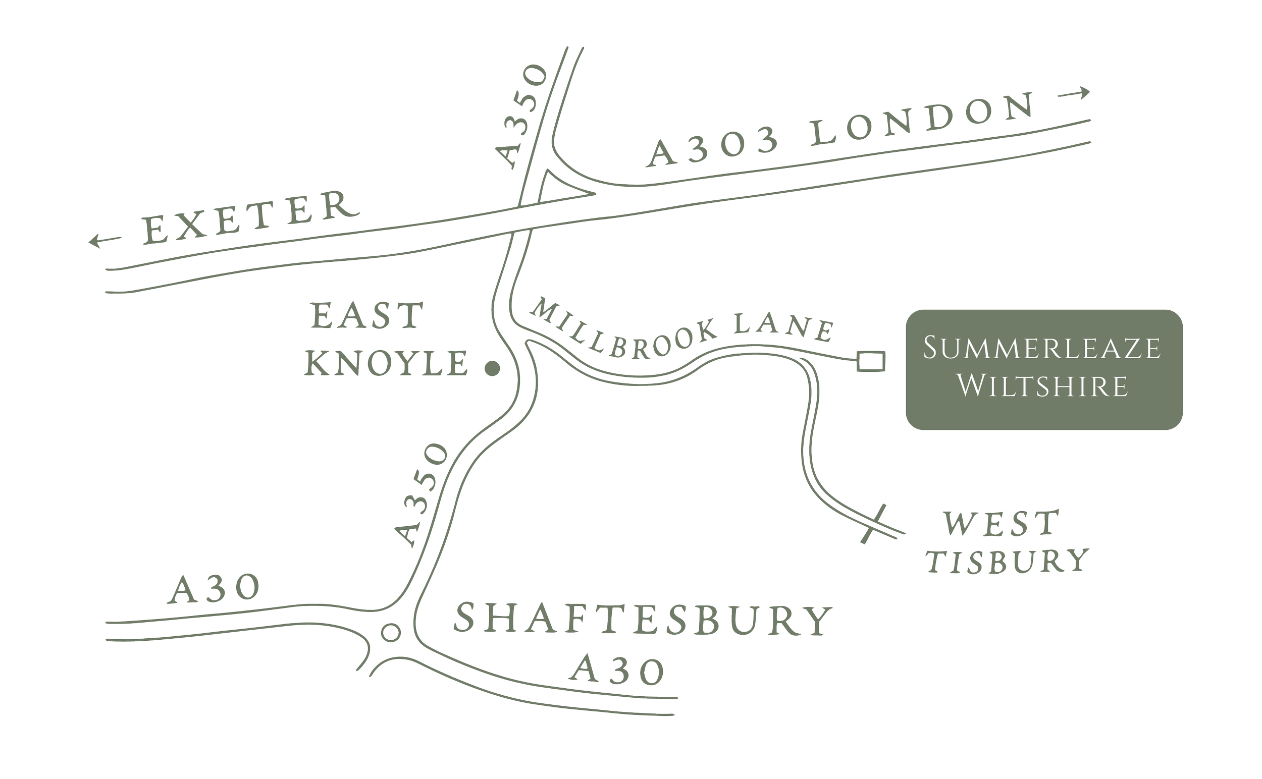 A map showing roads and places in Wiltshire, England, including Exeter, London, East Knoyle, Shaftesbury, and West Tisbury, with road numbers A35, A303, and A30, and locations Summerleaze.