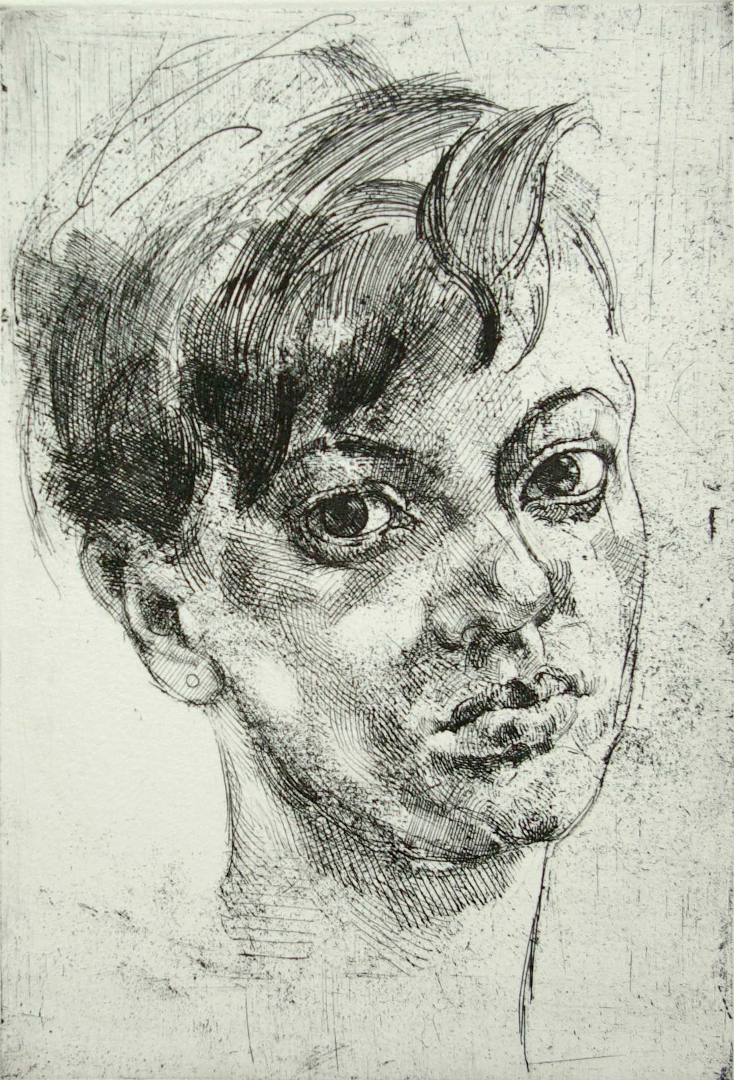Sketch of a woman's face in profile, with detailed facial features and hair, drawn with fine lines.
