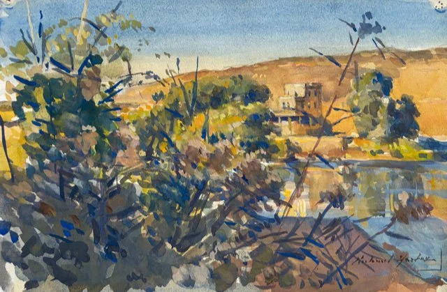 A watercolour painting of a landscape with trees and buildings in the background under a blue sky.