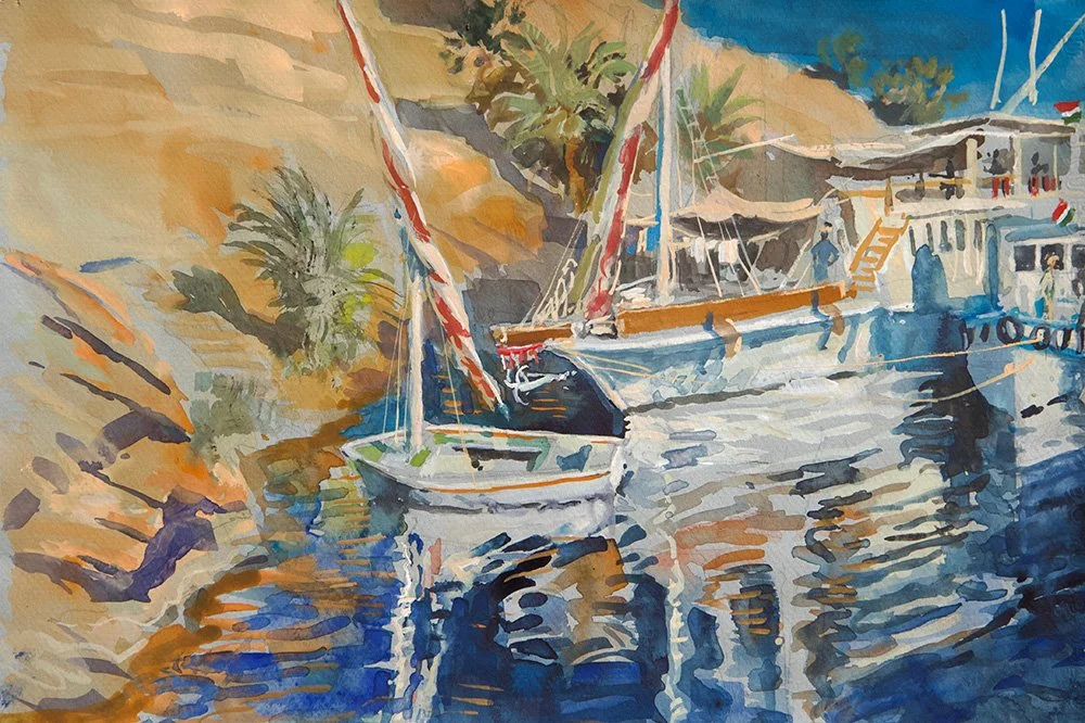 Tim Scott Bolton - The Wharf Gebel at Silsila - Watercolour - 25cm x 35cm - £550