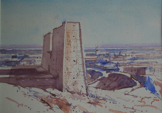 Geoffrey Leckie - The Pylon at Edfu, Nile in the Distance - Watercolour - 25cm x 35cm - £1200