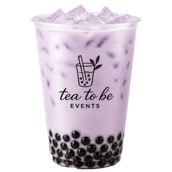 A taro iced bubble tea in a clear plastic cup with a logo featuring a tea cup and the text 'tea to be EVENTS' and black tapioca pearls at the bottom.