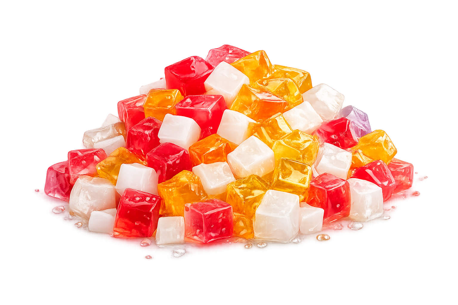 A pile of colorful ice cubes in red, white, orange, and purple on a shiny surface.