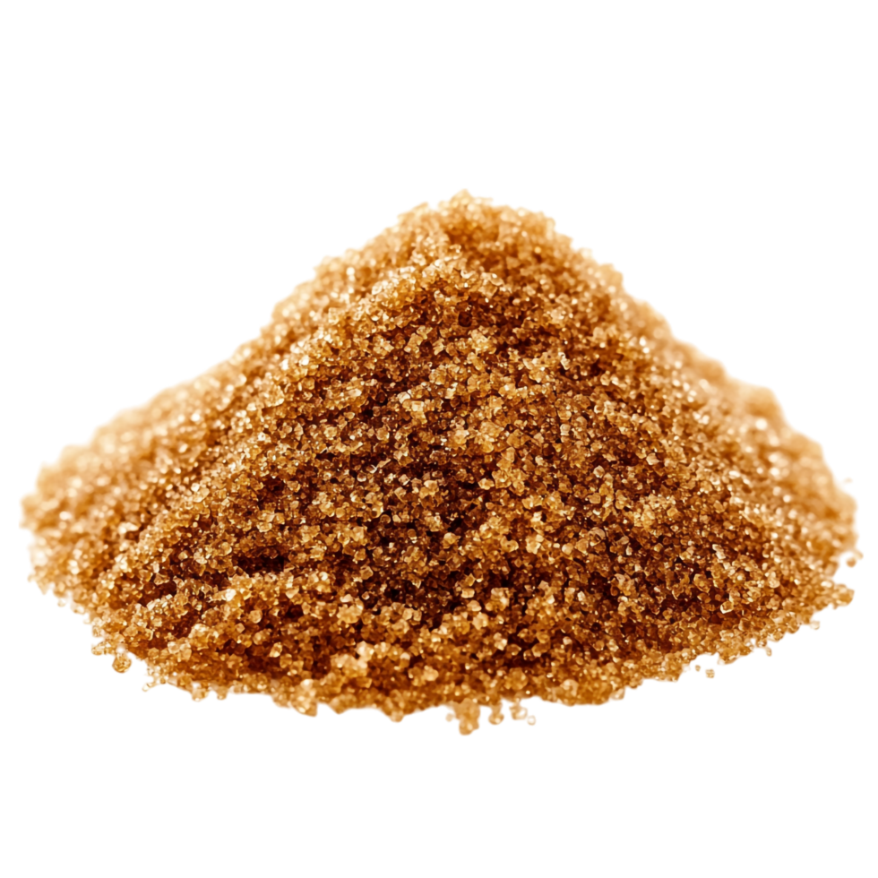 Close-up image of brown sugar granules forming a small mound.