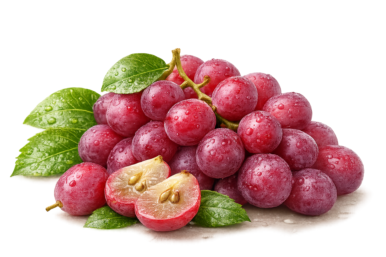 Fresh red grapes with water droplets, green leaves, and a sliced grape showing seeds on a white surface.