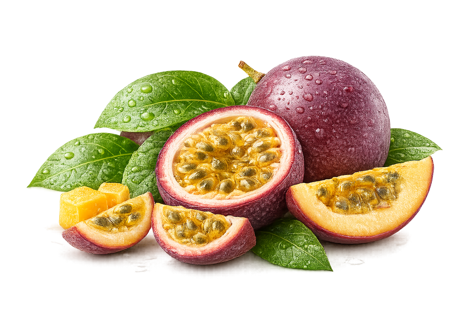A whole purple passion fruit with water droplets, a halved passion fruit showing its yellow pulp and black seeds, two passion fruit slices, green leaves, and small yellow mango cubes with water droplets.