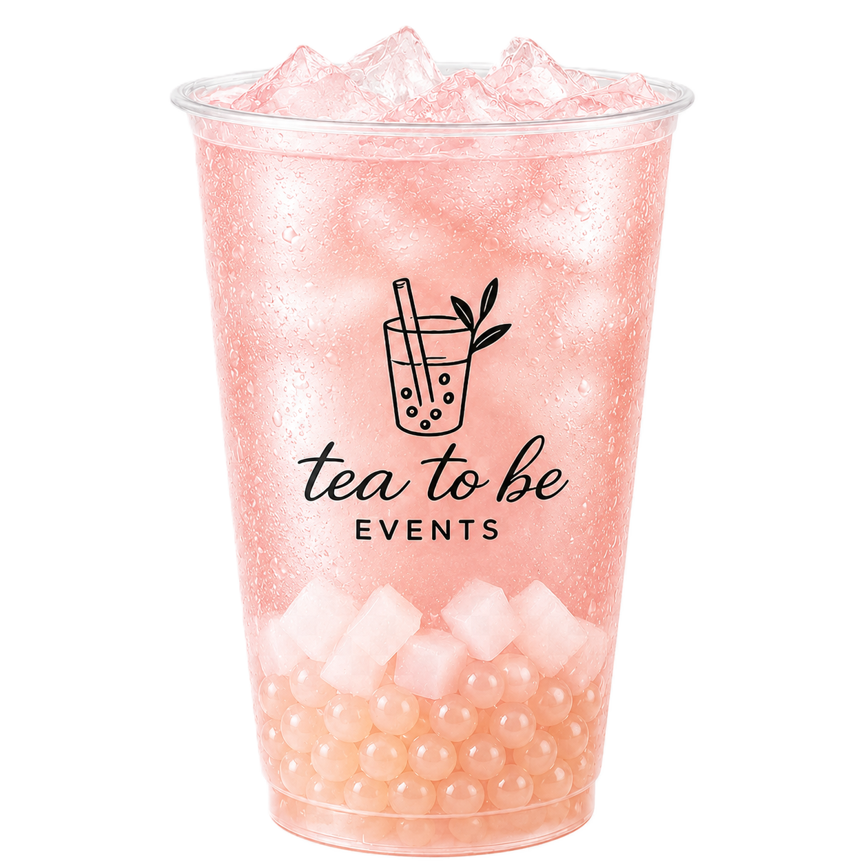 Lychee bubble tea with ice cubes and tapioca pearls in a clear plastic cup, with a logo that includes a bubble tea drink illustration and the text 'tea to be EVENTS'.