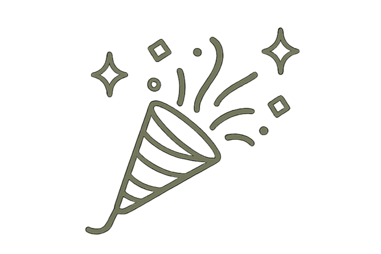 Line drawing of a party popper with confetti and sparkles.