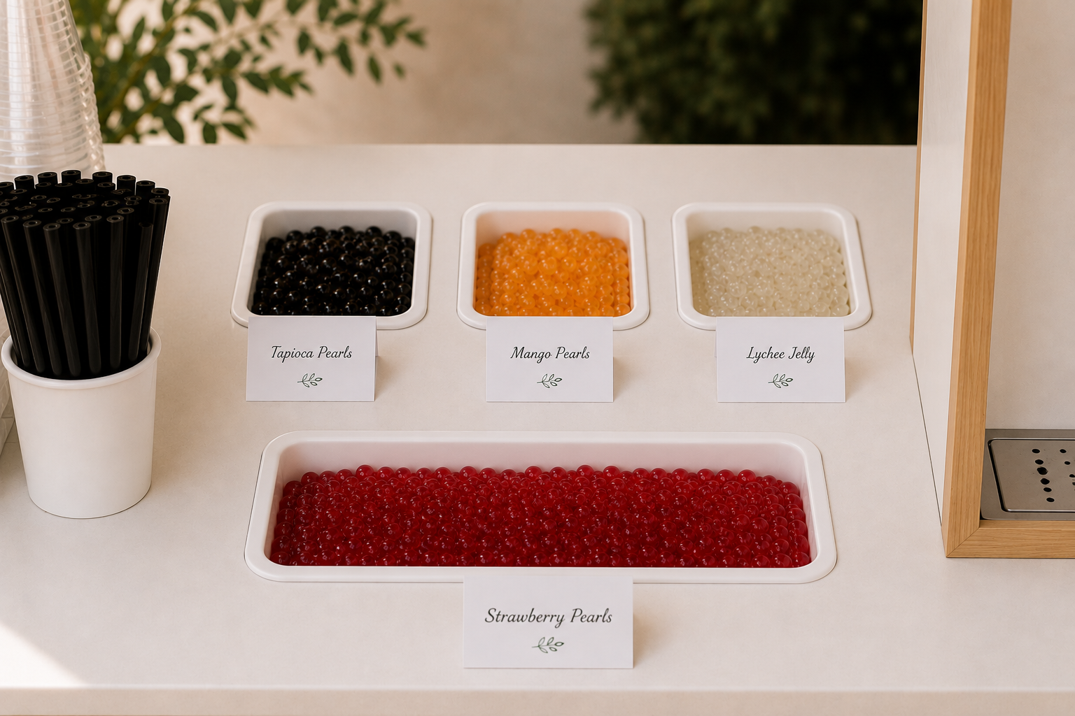 Beverage station of Tea to Be self serve bubble tea cart with containers of tapioca pearls, mango pearls, lychee jelly, and strawberry pearls, each labeled with sign, and black straws in a cup to the left.