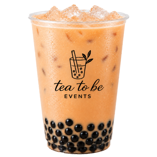 A plastic cup filled with iced boba tea topped with ice cubes, featuring a logo with a tea cup and straw, and the text 'tea to be EVENTS' on the front.