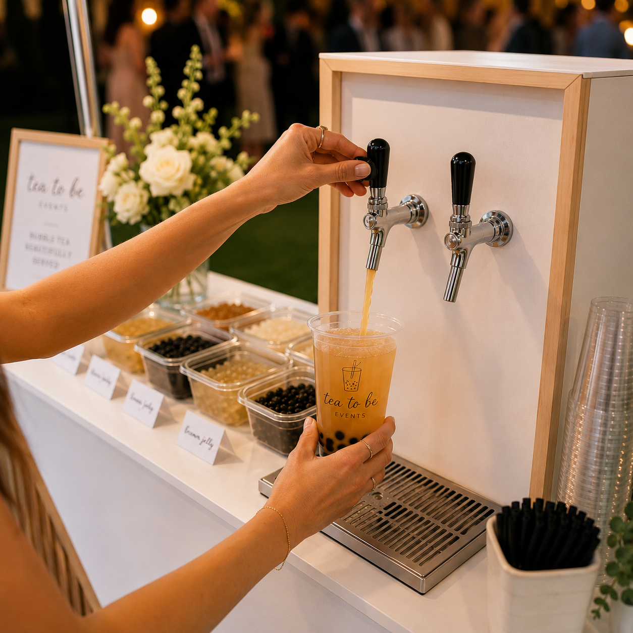 A person fills a cup with bubble tea from a tap at an event with a sign that says 'tea to be'. There are containers of toppings and a floral display in the background.