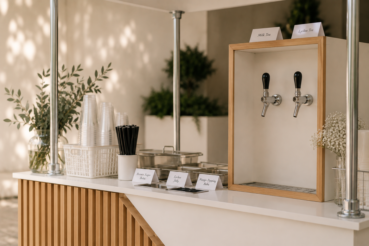 A beverage station with two taps labeled for milk tea and lychee tea, surrounded by clear plastic cups, black straws, and small containers with tea labels, with greenery and decorative flowers in the background.