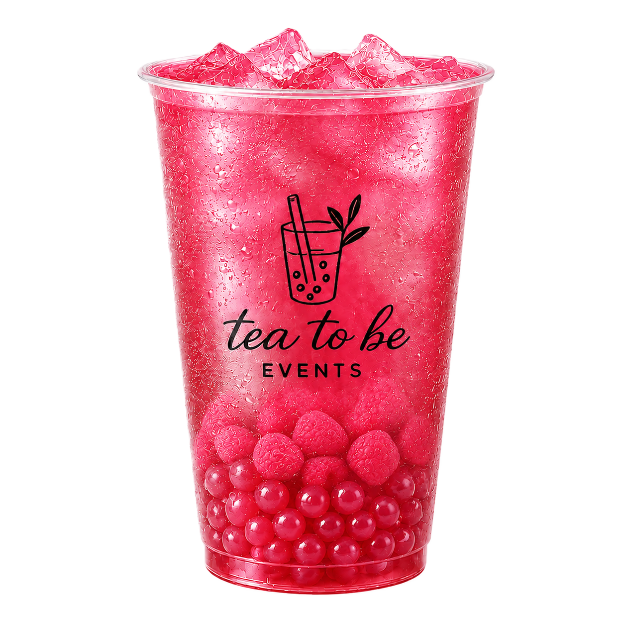 A clear plastic cup filled with pink ice and red berry balls, with a logo of a bubble tea drink and the text 'tea to be EVENTS' on it. Raspberry bubble tea