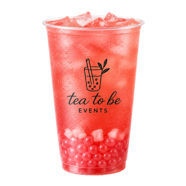 A pink iced beverage in a clear plastic cup with ice cubes and tapioca pearls at the bottom. The cup has a logo with a line drawing of a bubble tea cup and the text 'tea to be EVENTS'.