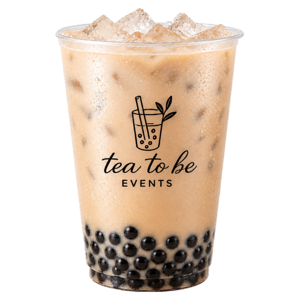 A plastic cup filled with iced bubble tea, featuring black tapioca pearls at the bottom and ice cubes on top. The cup has a logo with a cute drink illustration and the text 'tea to be EVENTS'.