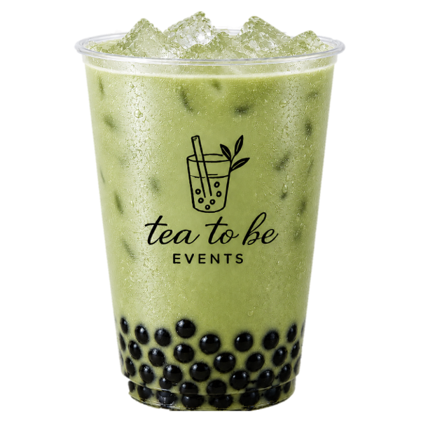 A plastic cup filled with matcha iced bubble tea, decorated with black tapioca pearls at the bottom, and featuring the tattoo of a glass with a straw and leaves with the words 'tea to be EVENTS' written on it.