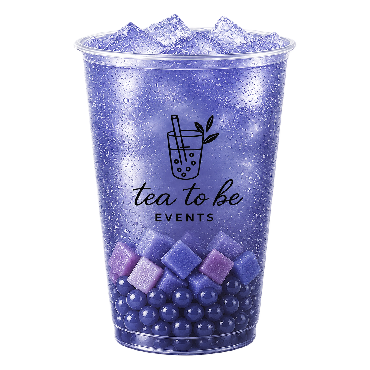 A clear plastic cup filled with ice cubes blueberry bubble tea, with a logo of a bubble tea drink and leaves, and the text "tea to be EVENTS" on it.