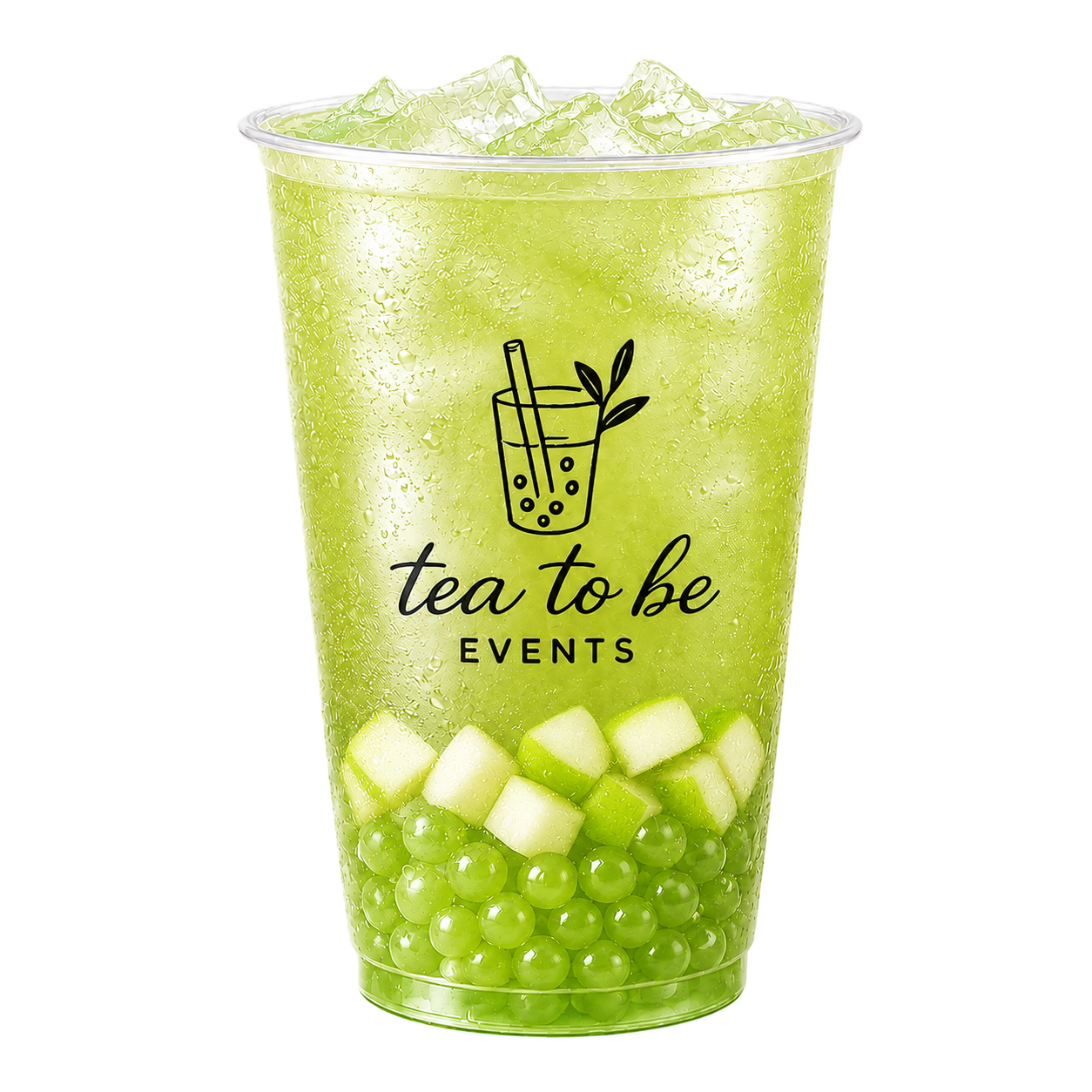 A clear plastic cup filled with green apple bubble tea, ice cubes, green tapioca pearls, and small white cubes, with condensation on the outside. The cup has a logo with a drinking glass, a straw, and leaves, and text that reads 'tea to be EVENTS'.
