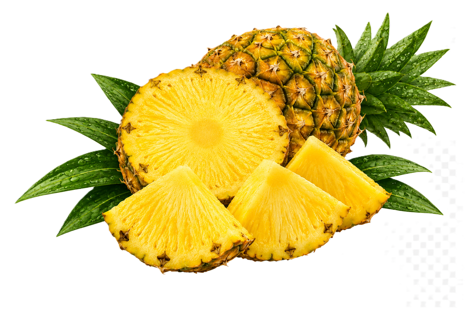 Sliced pineapple with green leaves and water droplets on leaves.