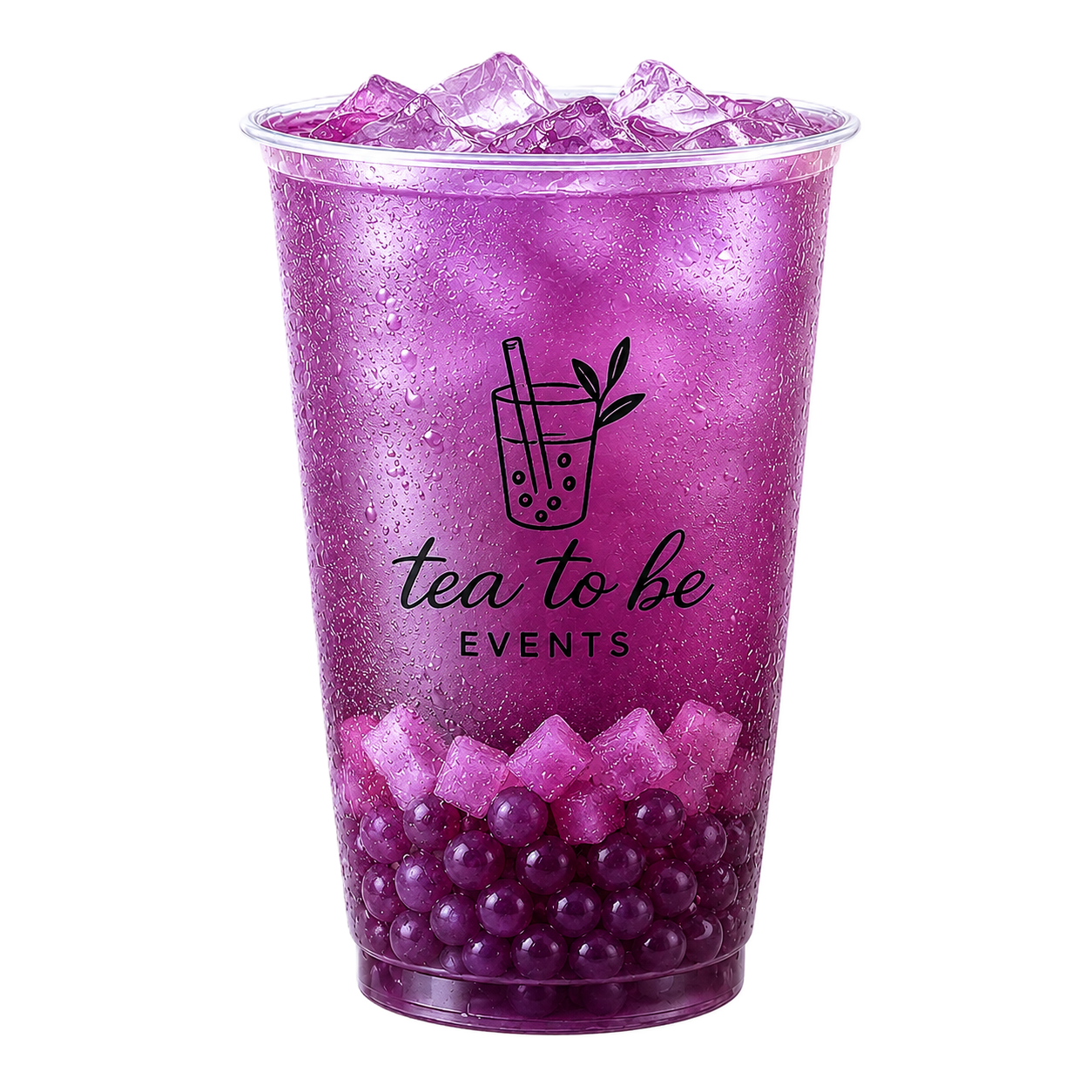 grape bubble tea beverage with ice and tapioca pearls in a clear cup with a logo for 'tea to be EVENTS' and an illustration of a drink with a straw and leaves.