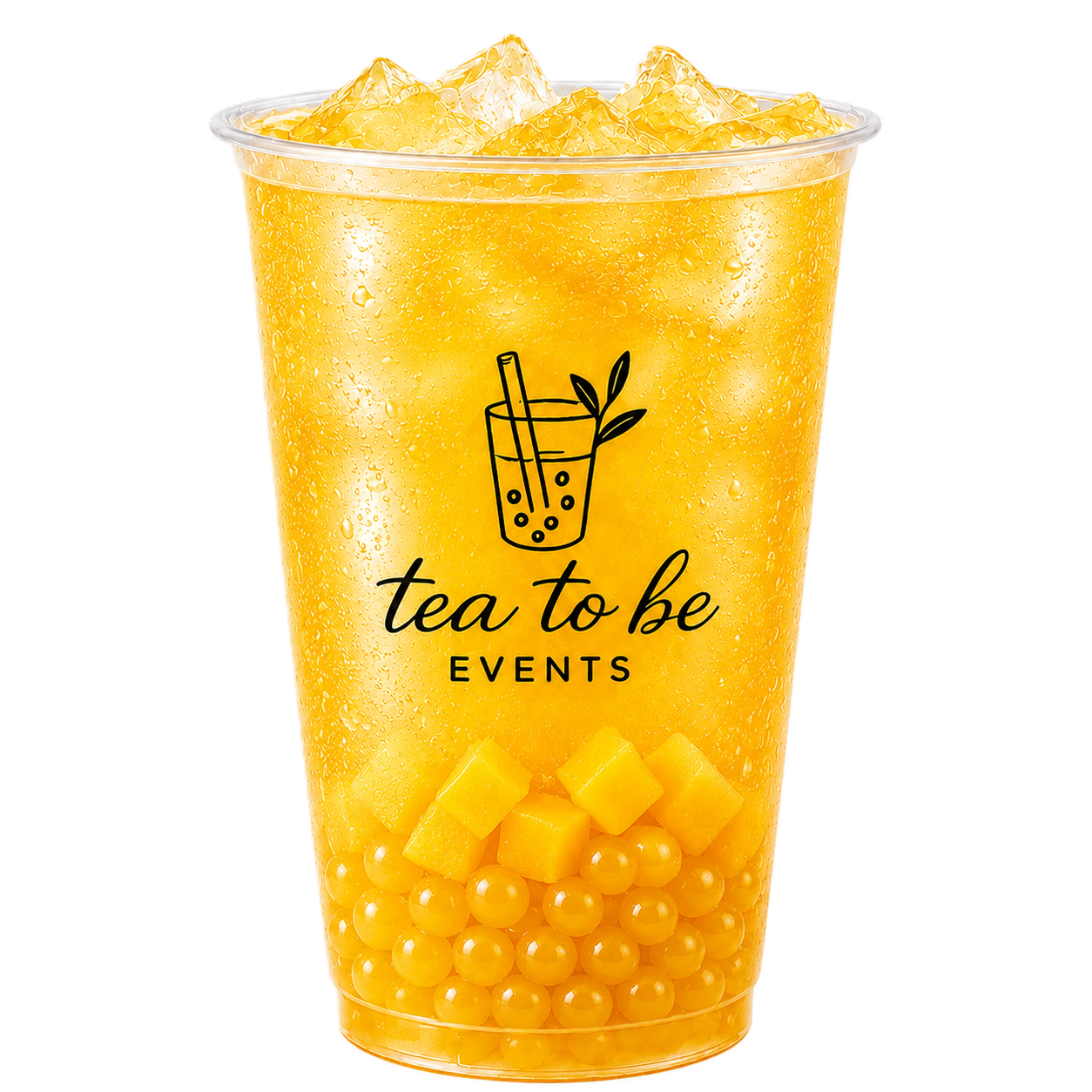 Transparent cup with yellow beverage, ice cubes, mango chunks, and small yellow spheres, with a logo that reads 'tea to be EVENTS' and a stylized drink with a straw and leaves.