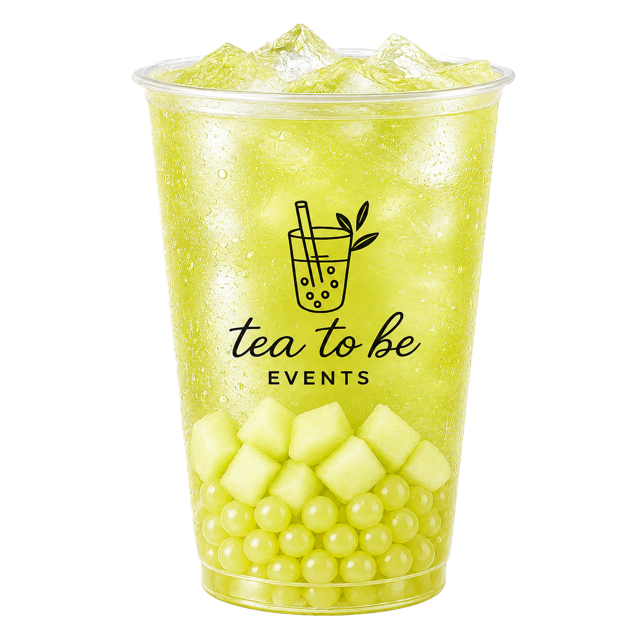 Honeydew bubble tea with ice cubes and fruit cubes in a clear plastic cup, with a logo and the text 'tea to be EVENTS' on the front.