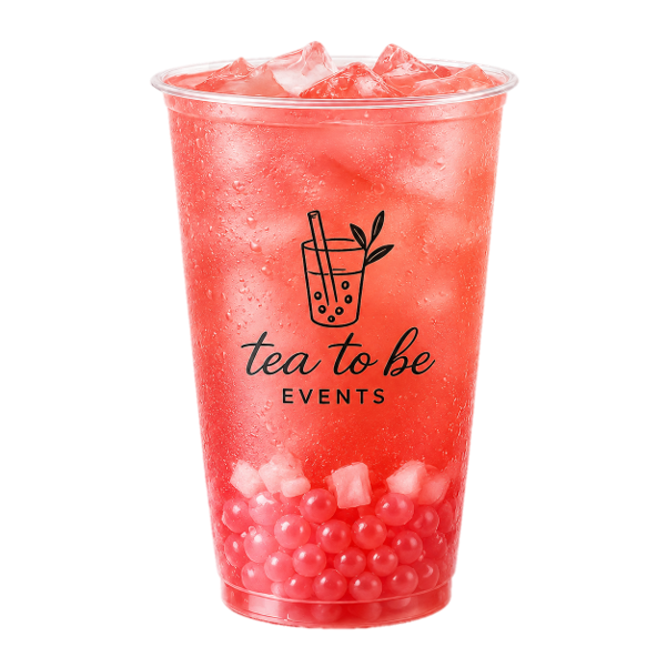 A clear plastic cup filled with a strawberry bubble tea and ice, featuring a logo with a bubble tea drink icon and the text "tea to be EVENTS" on the front.