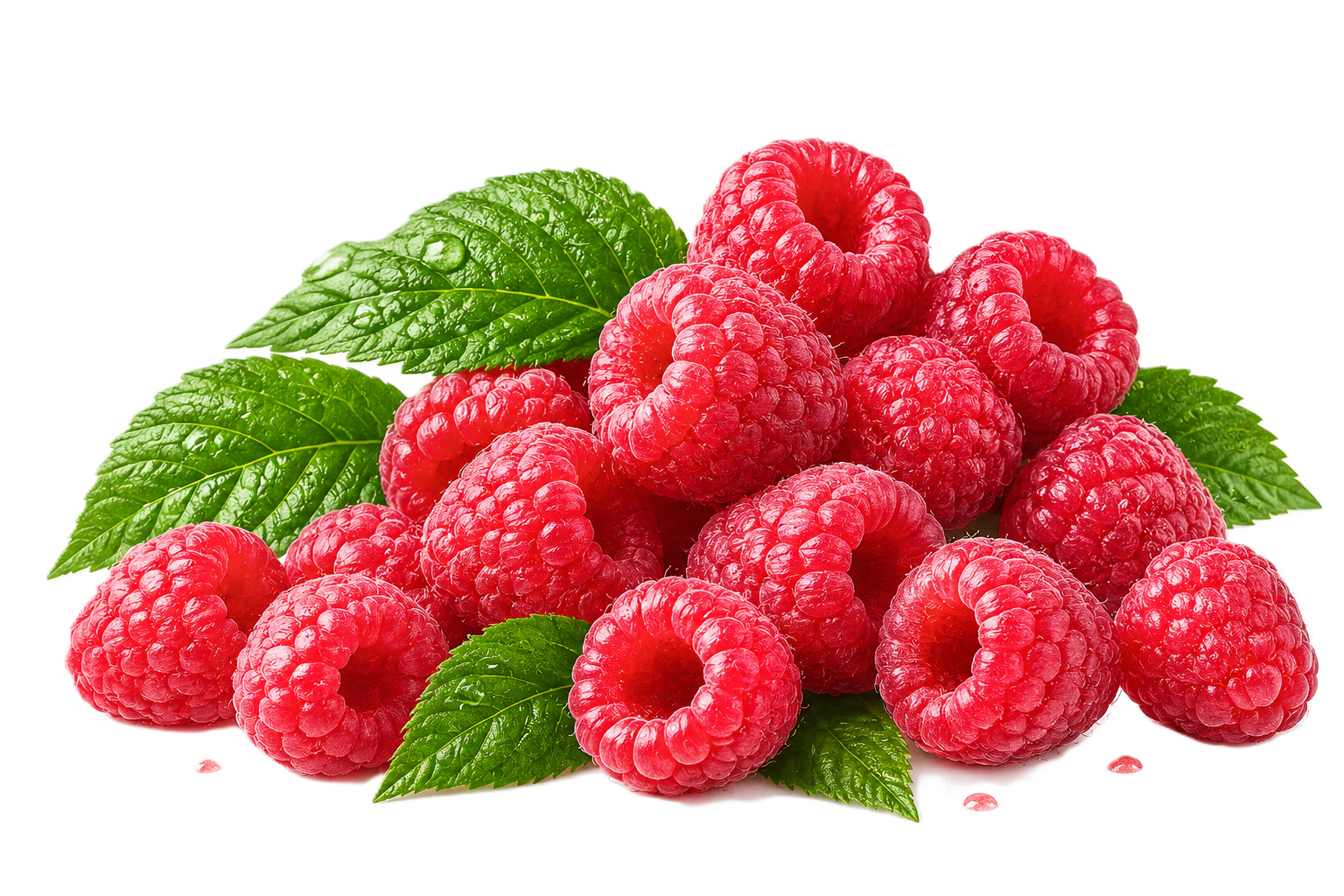 A close-up of a pile of fresh, ripe raspberries with green raspberry leaves.