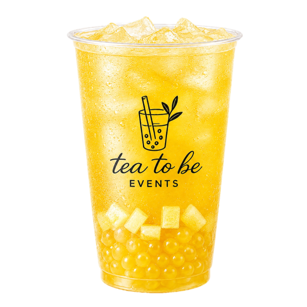 A large transparent plastic cup filled with a yellow-colored beverage containing ice, tapioca pearls, and small cubes, with a logo and the text 'tea to be EVENTS' printed on it.
