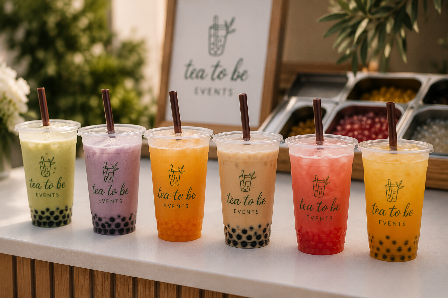 Six colorful bubble tea drinks with black tapioca pearls in clear cups, on a white counter with a sign reading 'tea to be EVENTS' in the background.